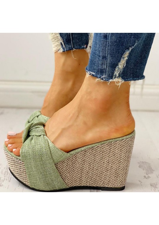 Women Casual Round Peep Toe Bow Design Wedge Platform 